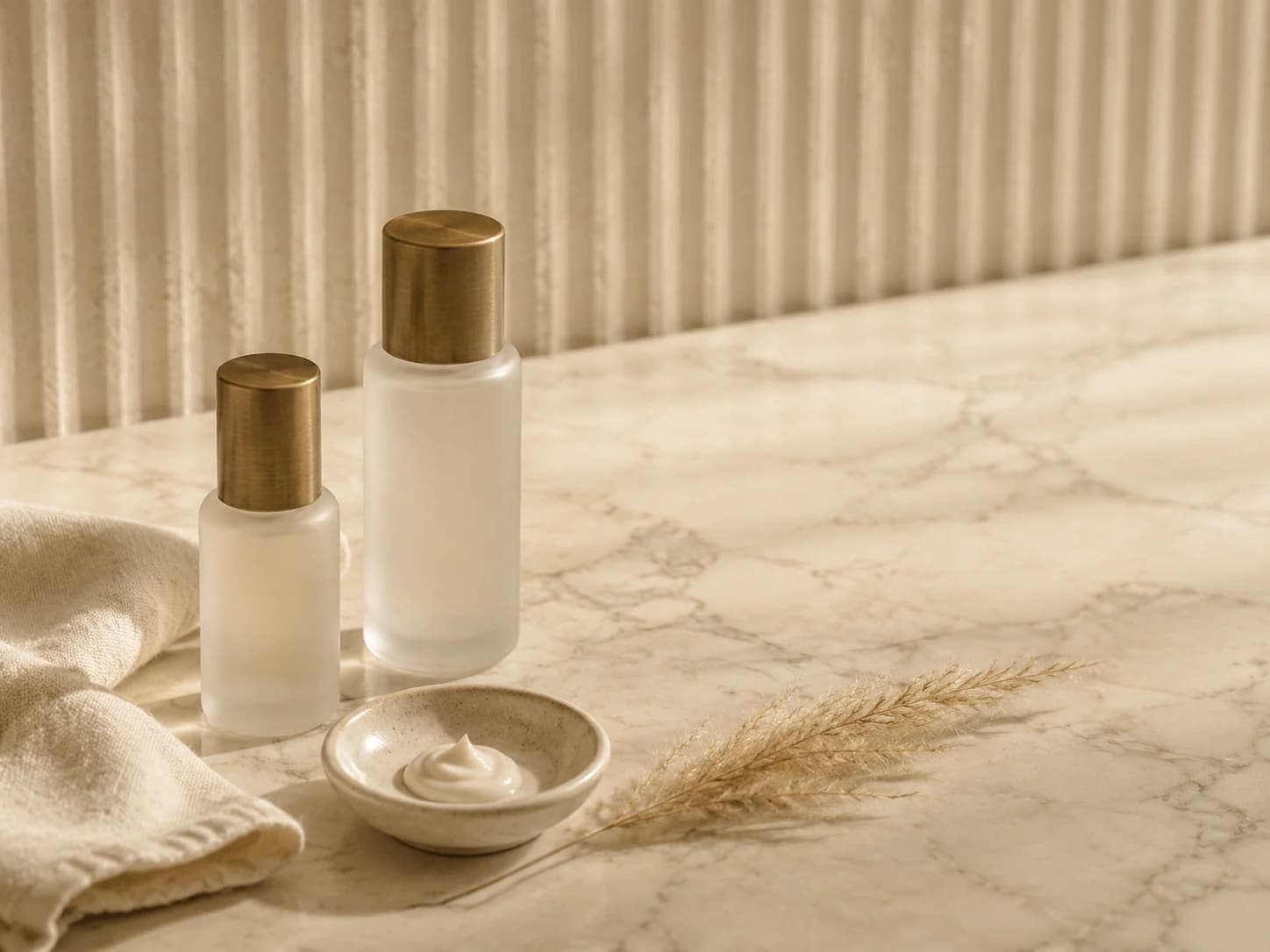 Unbranded frosted-glass skincare bottles with brass caps, a ceramic dish and folded ivory linen on cream marble in warm afternoon light