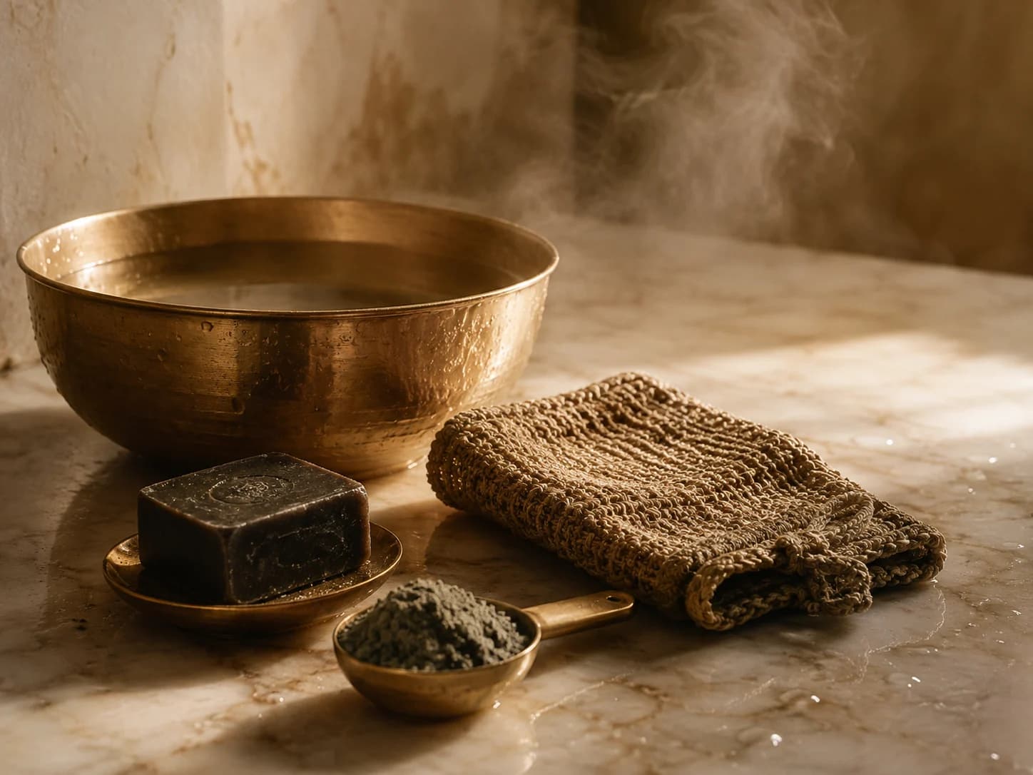 A brass bowl of water, a bar of traditional olive black soap, a kessa exfoliating mitt and a scoop of mineral clay on warm marble, with steam drifting through the light
